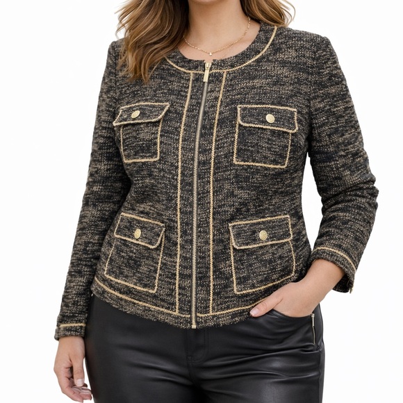 Karl Lagerfeld Jackets & Blazers - Karl Lagerfeld Black and Gold Textured Blazer with Gold Chain Detail